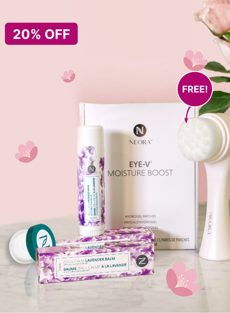 Alt text: Neora’s Make Her Mother’s Day Bundle which includes: Zen + Calm Lavender Balm, Cuticle Balm, Eye-V Moisture Boost Hydrogel Patches and a FREE dual-sided Facial Scrubber